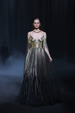 Beaded Tulle Gown with Slit Sleeves Beaded Tulle Gown with Slit Sleeves