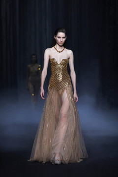 Strapless Beaded Tulle Gown with Slit Strapless Beaded Tulle Gown with Slit