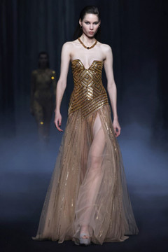 Strapless Beaded Tulle Gown with Slit Strapless Beaded Tulle Gown with Slit