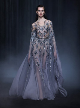 Beaded Tulle Gown with Long Slit Sleeves Beaded Tulle Gown with Long Slit Sleeves