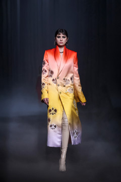 Printed Satin Coat with Cut-Outs Printed Satin Coat with Cut-Outs