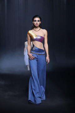 Beaded Tulle Lycra Body with Denim Pants Beaded Tulle Lycra Body with Denim Pants