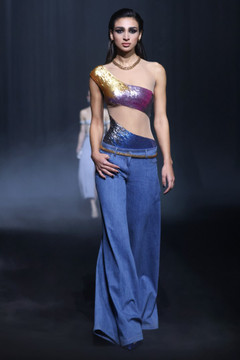 Beaded Tulle Lycra Body with Denim Pants Beaded Tulle Lycra Body with Denim Pants