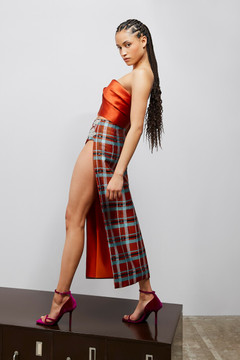 Corseted Strapless Top with Plaid Skirt