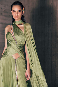 Asymmetrical Pleated Mousseline Gown