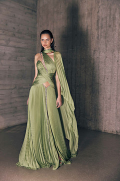 Asymmetrical Pleated Mousseline Gown