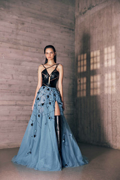 Floral Embroidered Tulle Slit Gown Floral Embroidered Tulle Slit Gown
