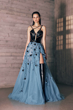Floral Embroidered Tulle Slit Gown Floral Embroidered Tulle Slit Gown