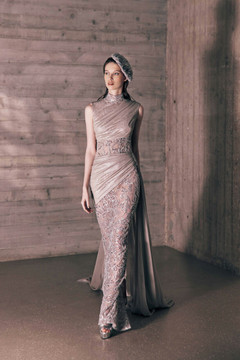 Embroidered Tulle Gown with Draping