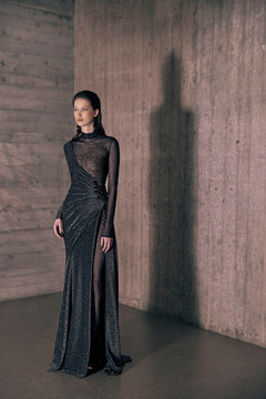 Asymmetrical Crystal Mesh Gown