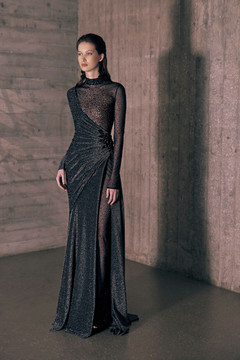 Asymmetrical Crystal Mesh Gown