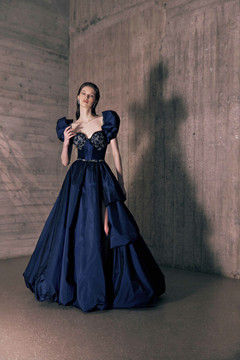 Puffy Sleeve Embroidered Taffeta Gown