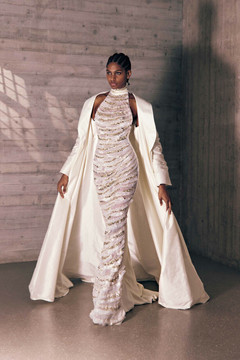 Embroidered Tulle Gown with Taffeta Cape