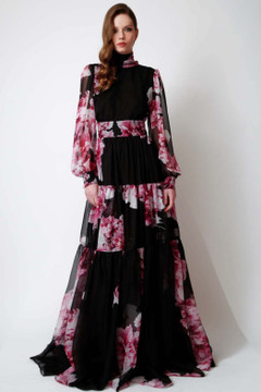 Floral High Neck Pleated Gown Floral High Neck Pleated Gown