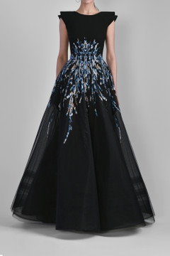 Tulle Beaded Gown with Tiered Shoulders Tulle Beaded Gown with Tiered Shoulders