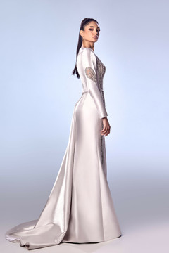 Beaded Long Sleeve Mikado Gown