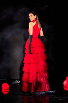 Crepe with Ruffled Tulle Gown Crepe with Ruffled Tulle Gown