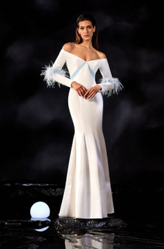 Off the Shoulder Crepe Gown with Feathers