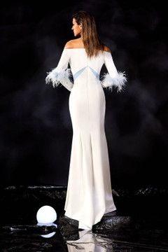 Off the Shoulder Crepe Gown with Feathers