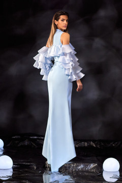 Crepe Gown with Ruffled Organza Sleeves