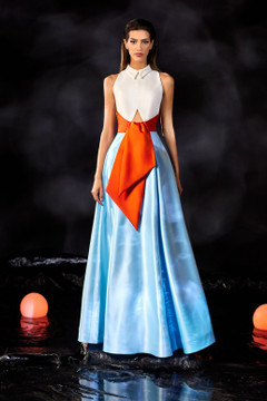 Crepe and Satin Tri-Color Gown