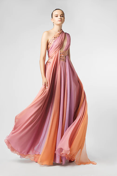 Pleated One Shoulder Evening Gown with Slit