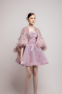 Strapless Mini Dress with Feathered Cape