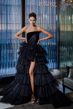 Strapless Tiered A-Line Slit Gown Strapless Tiered A-Line Slit Gown