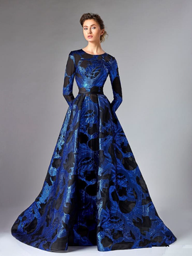 Divina by Edward Arsouni Blue Long Sleeve Organza Evening Gown 0286