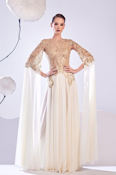 Embroidered Draped Sleeve Gown