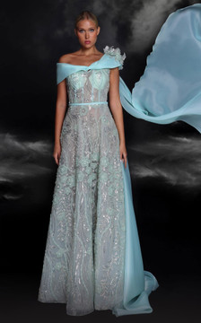 Draped Shoulder Train Gown Draped Shoulder Train Gown