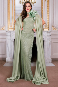 Caped One-Shoulder Gown