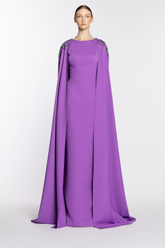 Crepe Gown with Embroidered Cape