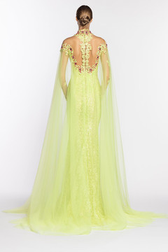 Halter Neck Lace Gown with Tulle Cape Halter Neck Lace Gown with Tulle Cape