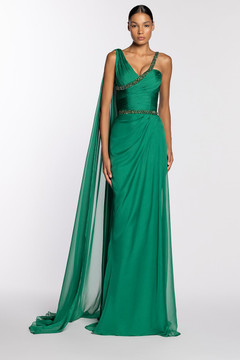 Draped Shoulder Chiffon Gown