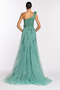 One Shoulder Beaded Gown with Overskirt