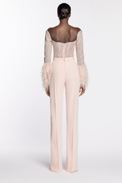 Off Shoulder Feathered Jumpsuit Off Shoulder Feathered Jumpsuit