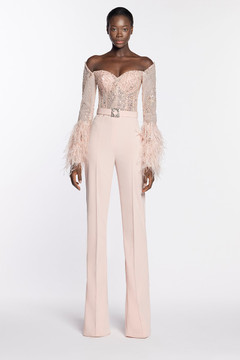 Off Shoulder Feathered Jumpsuit Off Shoulder Feathered Jumpsuit