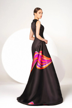 Asymmetric Neckline Printed Mikado Gown