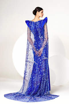 Pleated Satin Gown with Embroidered Cape Pleated Satin Gown with Embroidered Cape