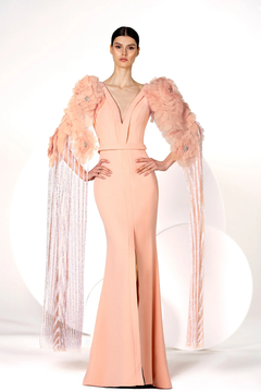 Deep V-Neck Crepe Gown with Organza Flowers Deep V-Neck Crepe Gown with Organza Flowers