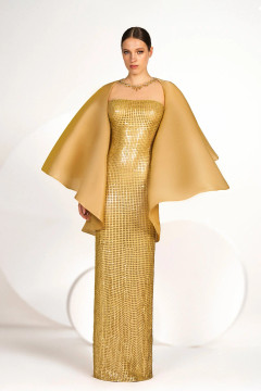 Fully Beaded Column Gown with Cape