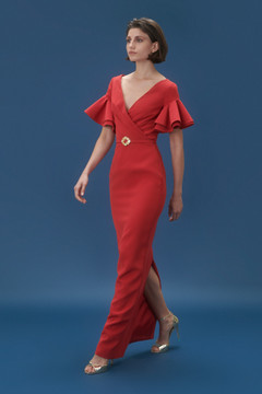 V-Neck Fitted Crepe Gown