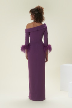 Asymmetrical Long Sleeves Gown with Feathered Cuff Asymmetrical Long Sleeves Gown with Feathered Cuff