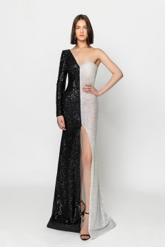 Sequin Embroidered One Shoulder Slit Gown Sequin Embroidered One Shoulder Slit Gown