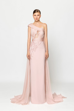 One Shoulder Draped Beaded Chiffon Gown