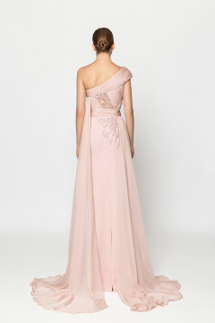 One Shoulder Draped Beaded Chiffon Gown