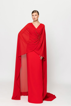 V-Neck Crepe Gown with Cape