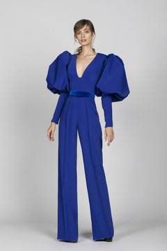 Crepe Marocain Jumpsuit with Puffy Sleeves