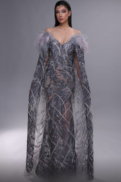 Fully Embellished Cape Sleeve Gown Fully Embellished Cape Sleeve Gown